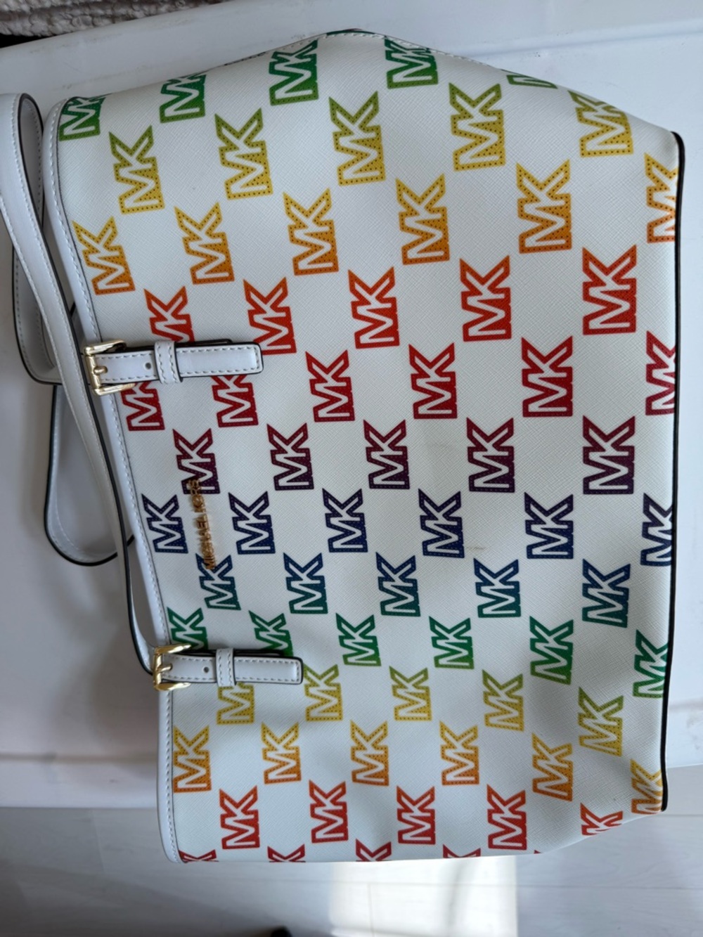 Michael Kors White Tote with Rainbow MK Logo Print